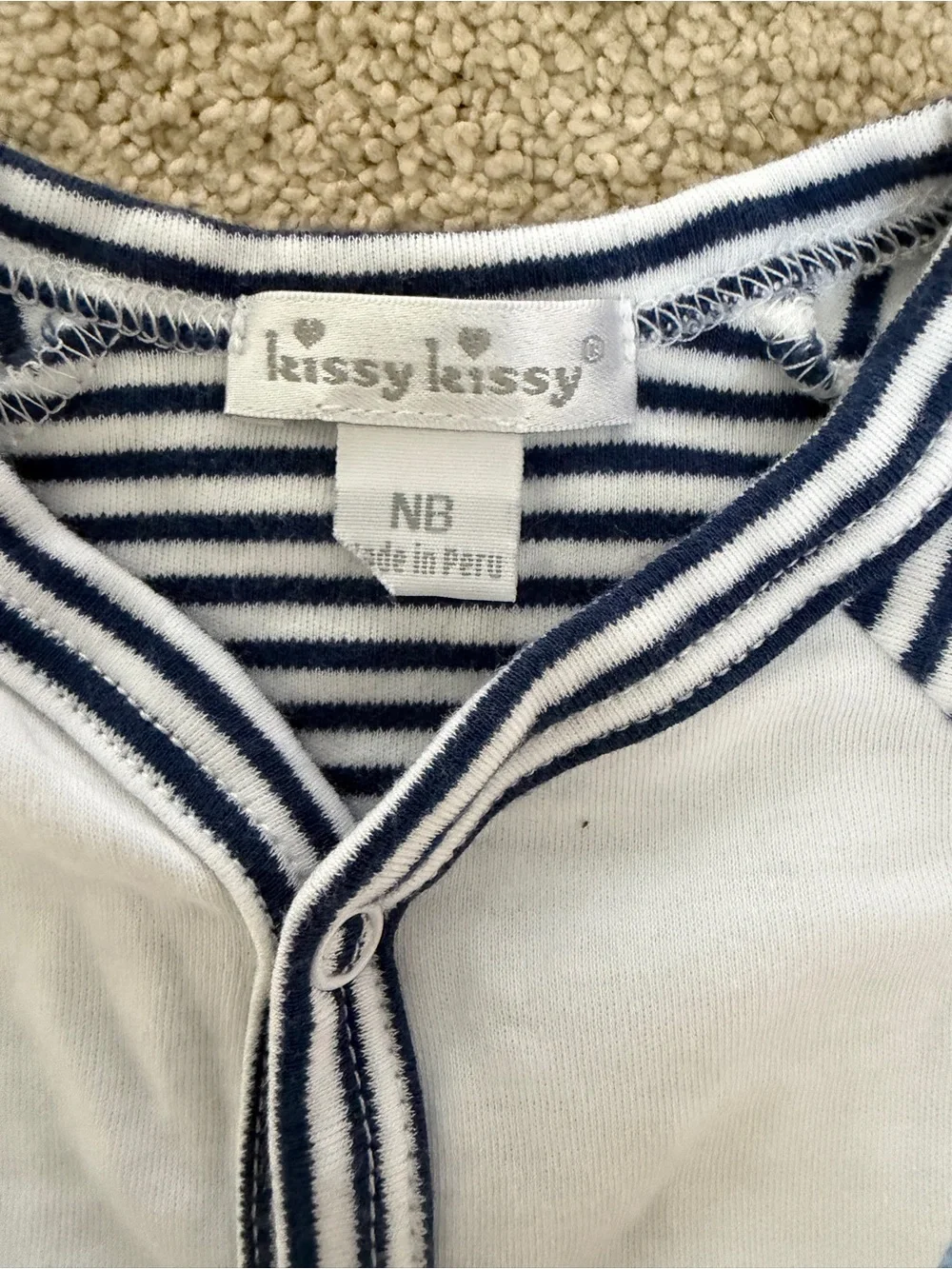 Kissy Kissy White One-Piece Footie with Navy Stripes and Sailboat Embroidery